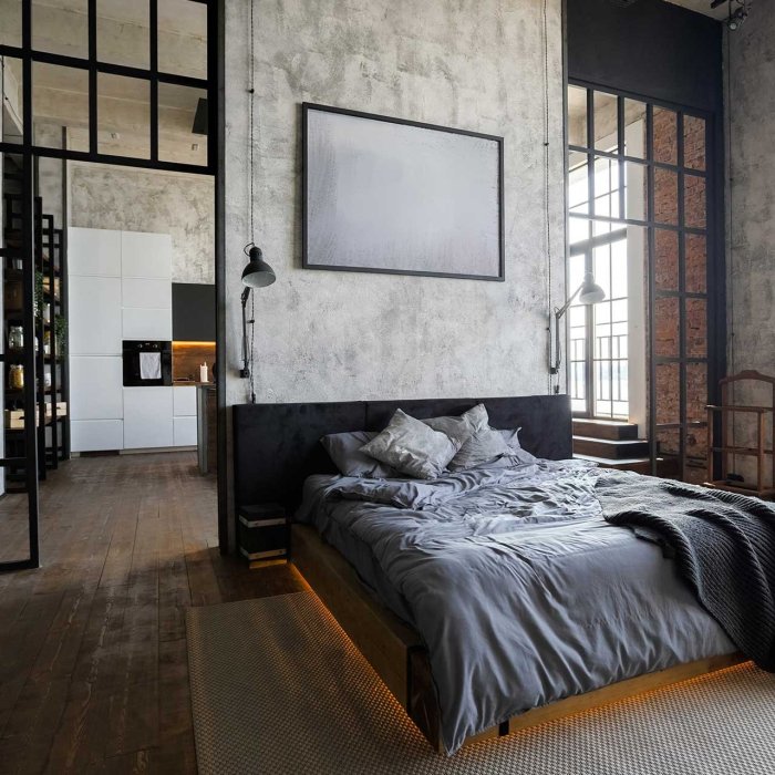 Bedroom industrial design style ideas modern window dark panes wood metal light